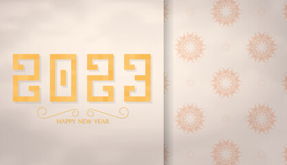 Beige New Year 2023 Postcard with monogram ornaments. Typography template. Vector illustration.