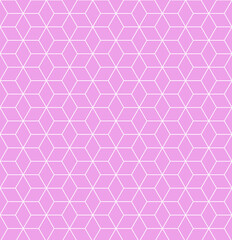 Geometric seamless pattern with linear white rhombuses and abstract flowers on a pink background