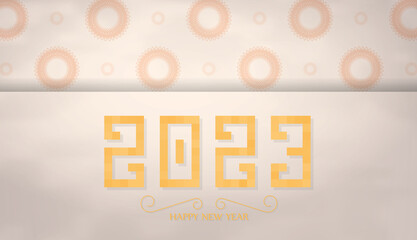 2023 Happy New Year beige greeting card with monogram ornaments. Print-ready template. Vector.