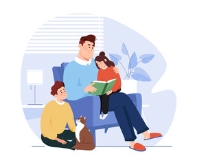 Dad reading for kids. Family sitting on the chair with book. Friendly family reading books together in the living room at home. Fatherhood, father spending time with kids. Vector flat illustration.