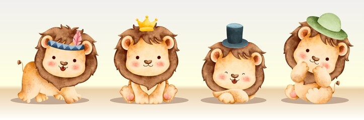 Watercolor set of cute safari lion  © Stella