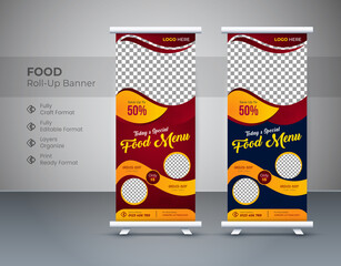 Creative food rollup banner design for restaurant. Vertical, roll-up template, food Roll up banner design, food roll up banner template, Editable template