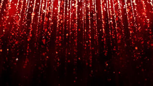 Background with falling particles of red gold glitter. Rain of red confetti, magic light, golden glitter, glamour. Beautiful animated christmas, valentines day background. Seamless loop