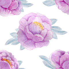Watercolor bouquet of pink peony. Seamless pattern