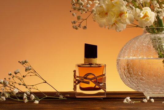 Krichev, Belarus, 16 February 2022: Yves Saint Laurent Libre Intense Eau de Parfum Fragrance with white flowers on wooden table