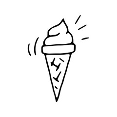 Ice cream in a waffle cone. Food. Cold dessert. Vector. Doodle. Hand-drawn illustration. Sketch. Silhouette. Black and white. Contour. Coloring.