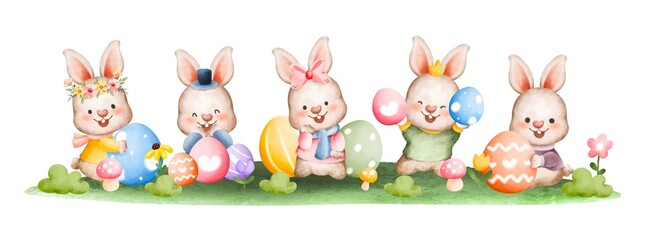 Watercolor Happy Easter Bunny with Easter eggs in the garden banner 