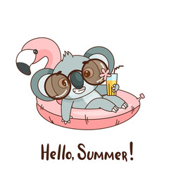 Happy baby koala in sunglasses on a flamingo swimming circle holds a cocktail in his hands. Lettering Hello, summer. Vector illustration for designs, prints and patterns. Isolated on white background