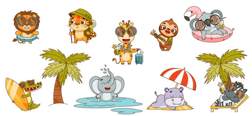 Set kids tropical animals doing summer fun. Hippo, lion, elephant, giraffe, crocodile, zebra, sloth, tiger, koala. Vector illustration for designs, prints, patterns. Isolated on white background