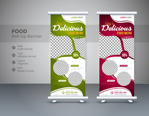 Creative Modern food rollup banner design for restaurant. Vertical, roll-up template, Vertical, roll-up template, Editable template illustration