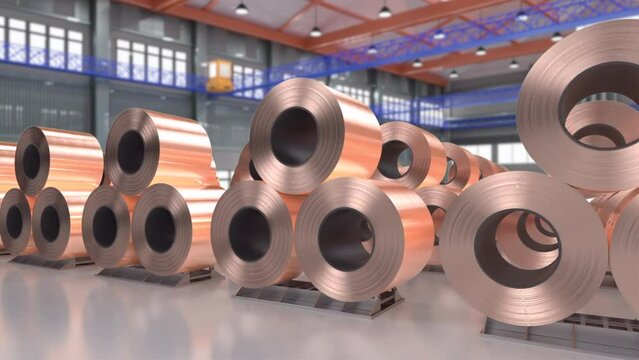 3d rendering roll of copper sheets or heap of copper tapes in factory HD footage