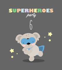 Birthday Party, Greeting Card, Party Invitation. Kids illustration with Cute Koala Superhero and an inscription six. Vector illustration in cartoon style.