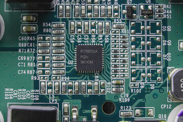 Details of electronic board. Close-up of electronic circuit board with SMD components and chip