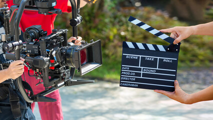 Man hands holding movie clapper. Film director concept. camera show viewfinder image catch motion...