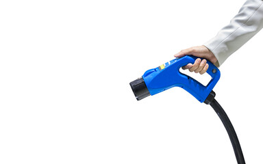 Hand holding Electric car charger. Electric Vehicle EV Charging station on white background. Air...