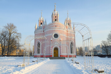 View of the old Chesme (Nativity of John the Baptist) church on a sunny December day. Saint-Petersburg, Russia