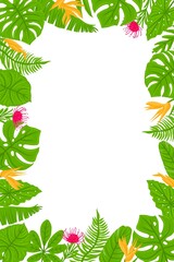 Vertical Frame from tropical leaves, palms, plants, flowers, monstera. Botanical exotic plants elements. Vector illustration isolated on white background