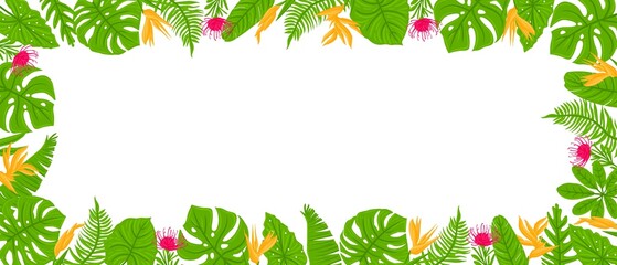 Panoramic Frame from tropical leaves, palms, plants, flowers, monstera. Botanical exotic plants elements. Vector illustration isolated on white background © Tatyana