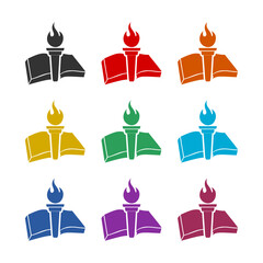 Light Fire Flame Torch Book icon or logo, color set