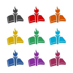 Light Fire Flame Torch Book icon or logo, color set