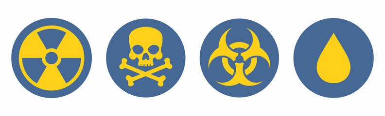 Danger sign, set of vector icons. Hazard and warning symbols: radiation ionization, biohazard caution, danger zone, poison. Vector illustration.