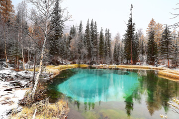 geyser blue lake altai winter landscape, mountain lake thermal spring