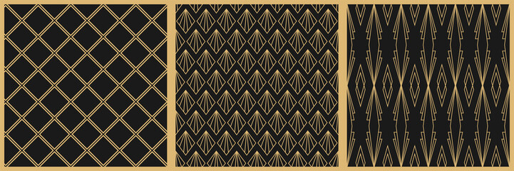 Seamless Vintage Art Deco patterns collection set. Golden lines on black background. Luxury geometric wallpaper. Retro print.