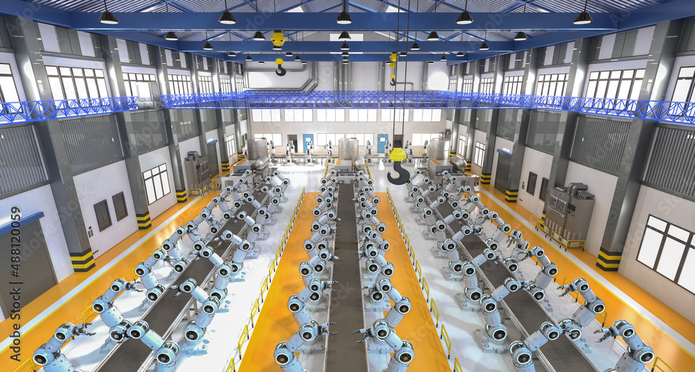 Aufkleber automation industry concept with 3d rendering robot assembly line