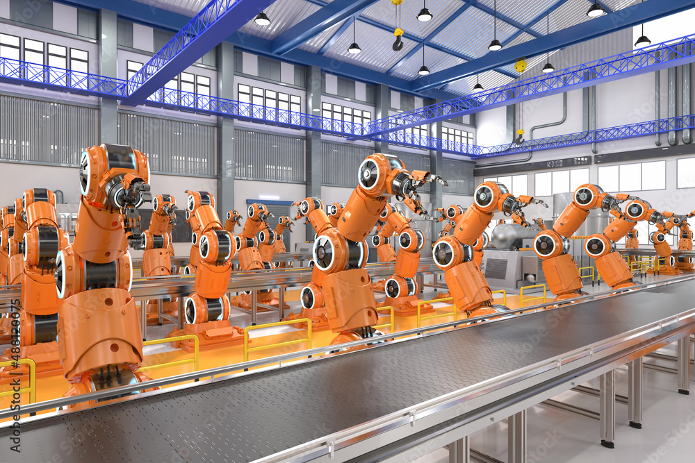 Aufkleber automation industry concept with 3d rendering robot assembly line