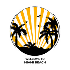 silhouette of palm trees in round logo frame. welcome to miami vector silhouette orange. tropical landscape vector logo. eps art vector