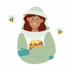 Beekeeper female character in a bee protection suit with a barrel of honey. Flat vector illustration isolated.
