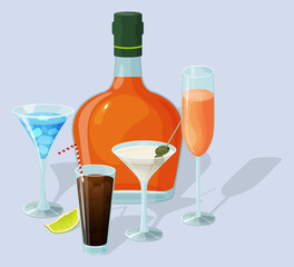 A bottle of alcohol and various cocktails on a light blue background.Alcoholic beverages in glasses and glasses.Daiquiri, martini, margarita, cosmopolitan, Long Island, blue lagoon and Pina colada.Vec