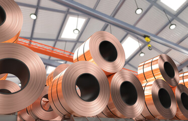 roll of copper sheets or heap of copper tapes - obrazy, fototapety, plakaty