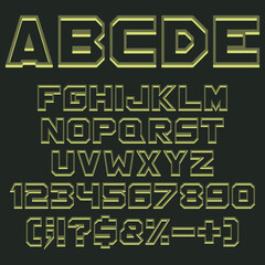 Khaki, military green alphabet, numbers and signs with shadow. Isolated vector objects on black background.