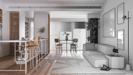 Architect interior designer concept: hand-drawn draft unfinished project that becomes real, living and dining room in modern flat. Island with stools, table with chairs, sofa, carpet