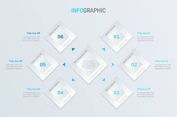 Blue vector infographics timeline design template with square elements. Content, schedule, timeline, diagram, workflow, business, infographic, flowchart. 6 options infographic.