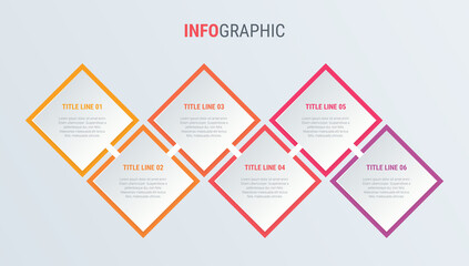 Red diagram, infographic template. Timeline with 6 steps. Square workflow process for business. Vector design.