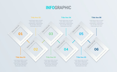 Abstract business square infographic template with 6 options. Colorful diagram, timeline and schedule isolated on light background.