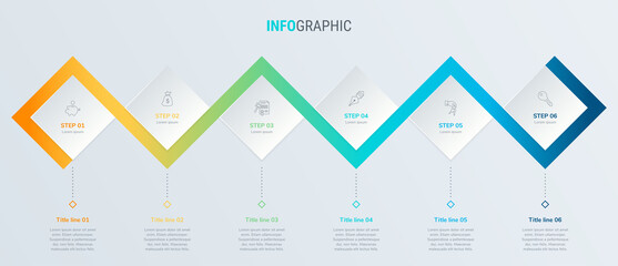 Timeline infographic design vector. 6 options, square workflow layout. Vector infographic timeline template.
