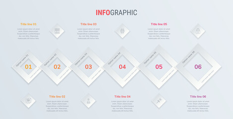 Red vector infographics timeline design template with square elements. Content, schedule, timeline, diagram, workflow, business, infographic, flowchart. 6 steps infographic.