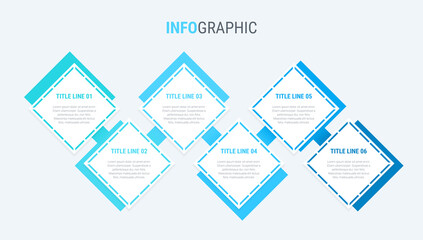 Blue diagram, infographic template. Timeline with 6 options. Square workflow process for business. Vector design.
