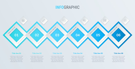 Abstract business square infographic template with 6 steps. Blue diagram, timeline and schedule isolated on light background.