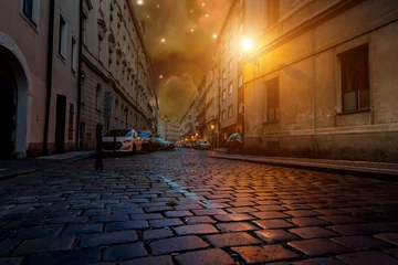 Fototapete Rund prague street paving stones burning lantern and starry night sky © luchschenF