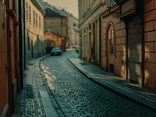 cobbled road on narrow streets in Old Prague