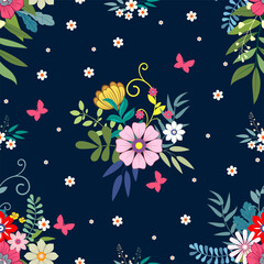 Obraz na płótnie Canvas Vector illustration of a floral pattern. Flowers and grass on a blue background.