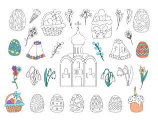 Orthodox Church, spring flowers, basket with eggs,  Easter cake and painted Easter eggs in black and white outline. Vector illustration in doodle style. Coloring book for children and adults