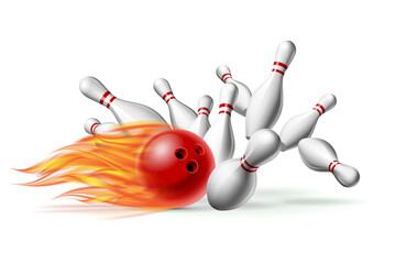 Red burning Bowling Ball in Flames crashing into the pins isolated on white. Illustration of bowling strike.