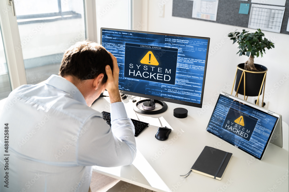 Poster computer system hacked. virus software screen