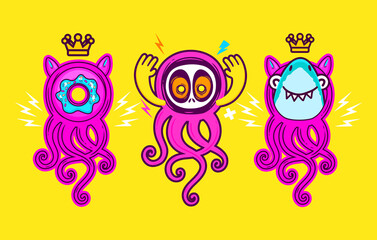 three cute octopus monster characters