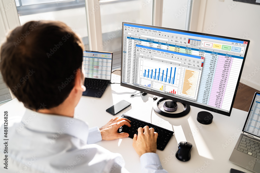 Poster analyst working with spreadsheet business data
